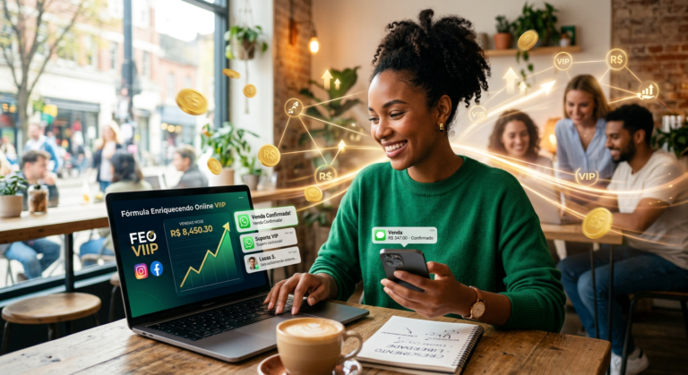 Pessoa com laptop e celular, cercada por gráficos de vendas e símbolos de dinheiro, representando o sucesso no marketing digital com o curso Fórmula Enriquecendo Online VIIP.