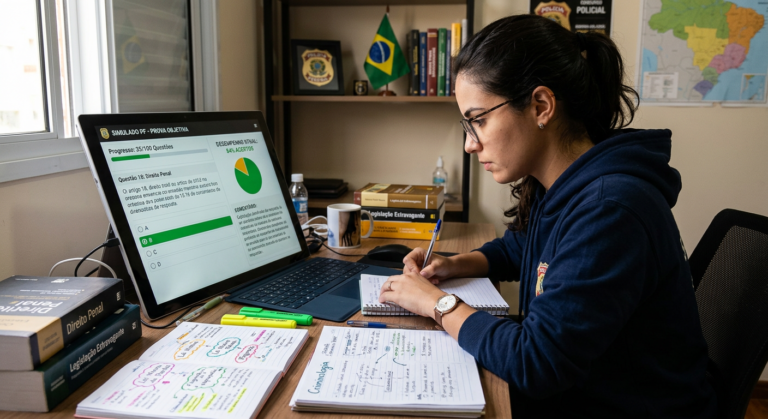 Estudante focado em tela de laptop exibindo questões e gabaritos de concurso policial, representando preparação para carreiras na segurança pública.