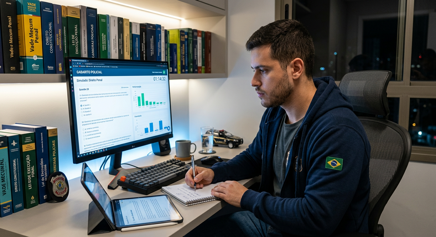 Jovem concurseiro concentrado estudando questões e simulados online para concursos policiais usando a plataforma Gabarito Policial, com distintivo e livros de direito no ambiente.