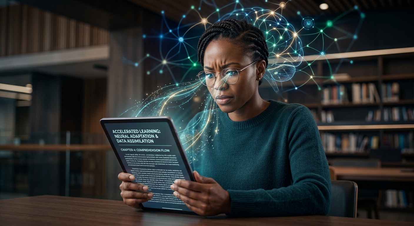 Pessoa lendo um livro ou tablet com foco intenso e elementos visuais que sugerem velocidade e absorção rápida de conhecimento, simbolizando leitura dinâmica e aprendizado acelerado.