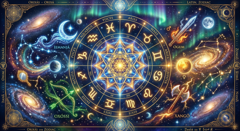 Um Mapa Astral dos Orixás detalhado, unindo simbologia astrológica com representações artísticas de divindades da Umbanda como Iemanjá, Ogum, Oxóssi, e Xangô, em um contexto cósmico de autoconhecimento espiritual.