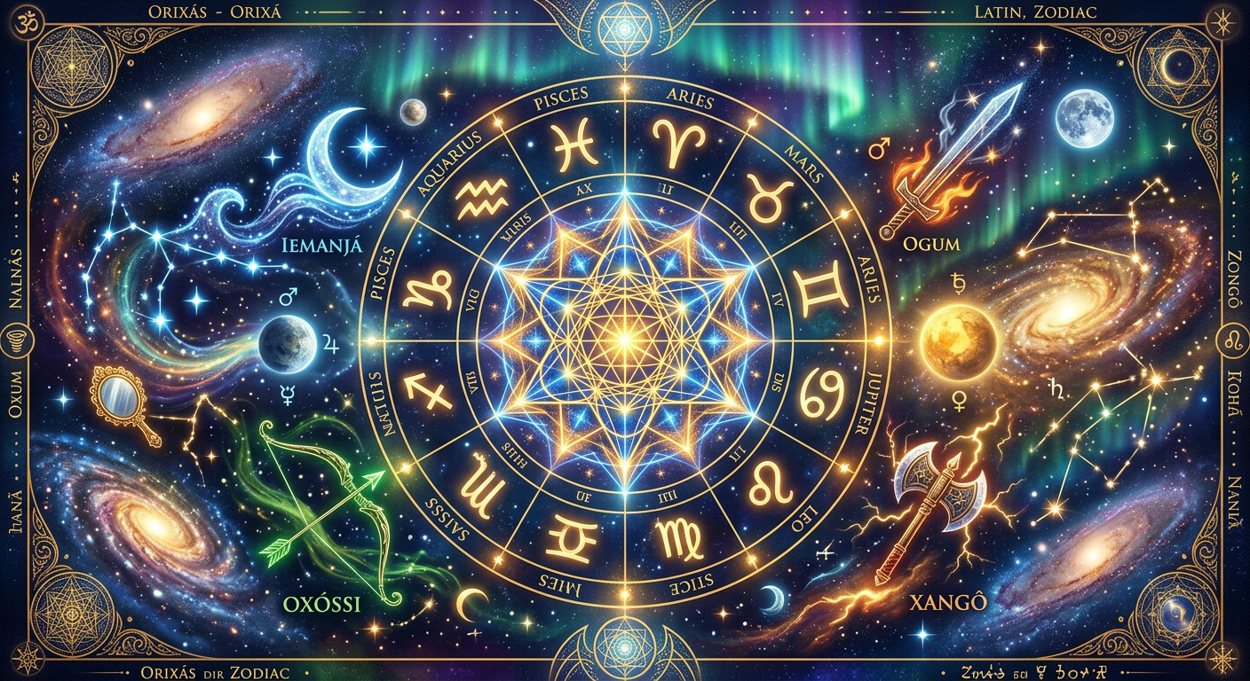 Um Mapa Astral dos Orixás detalhado, unindo simbologia astrológica com representações artísticas de divindades da Umbanda como Iemanjá, Ogum, Oxóssi, e Xangô, em um contexto cósmico de autoconhecimento espiritual.