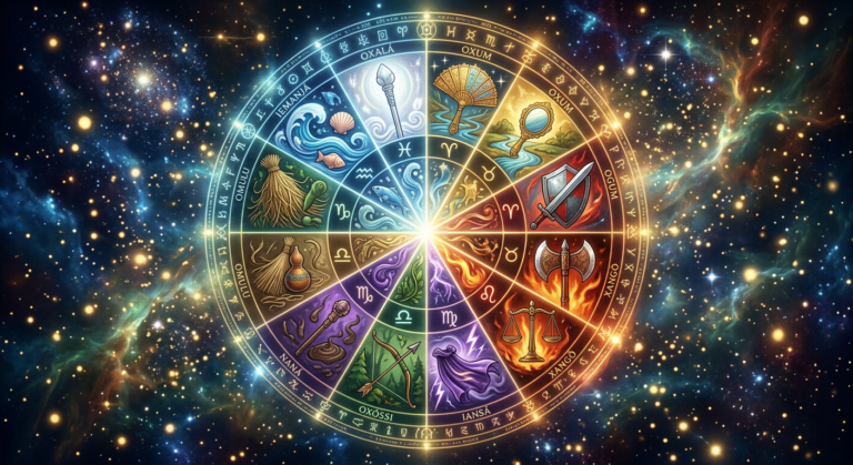 Ilustração de um Mapa Astral dos Orixás, com símbolos de Umbanda e astrologia em um círculo cósmico, emanando luz e representando autoconhecimento e prosperidade.