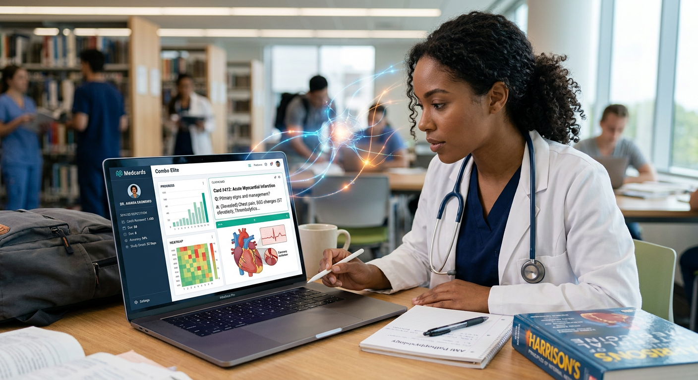 Estudante de medicina utilizando Medcards Combo Elite em um tablet, com flashcards adaptativos e algoritmo de repetição espaçada em destaque, simbolizando memorização eficiente para residência médica e Revalida.