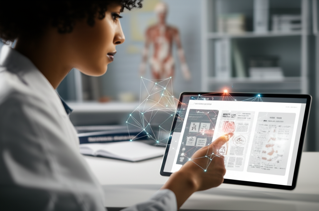 Estudante de medicina concentrado utilizando a plataforma Medcards em um tablet, com uma interface de flashcards digitais e elementos visuais de um algoritmo de aprendizado avançado para memorização médica.