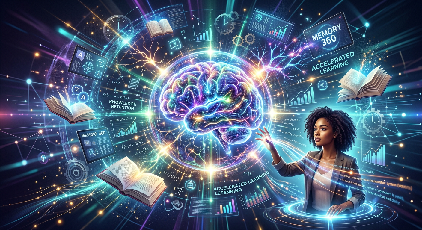 Ilustração conceitual de um cérebro com fluxos de informação 360 graus, simbolizando técnicas avançadas de memória e leitura rápida.