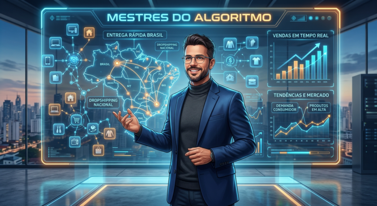 Caio Ferreira, o Mestre do Algoritmo, analisando dados de e-commerce e dropshipping nacional em um painel digital.