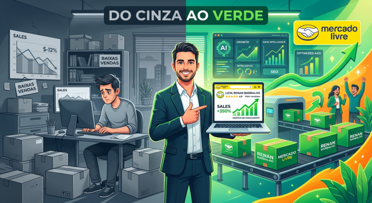 Transformação do e-commerce no Mercado Livre com o Método MRV 4.0, mostrando a evolução de vendas estagnadas (cinza) para o sucesso e crescimento (verde) através de estratégias com IA e logística real.