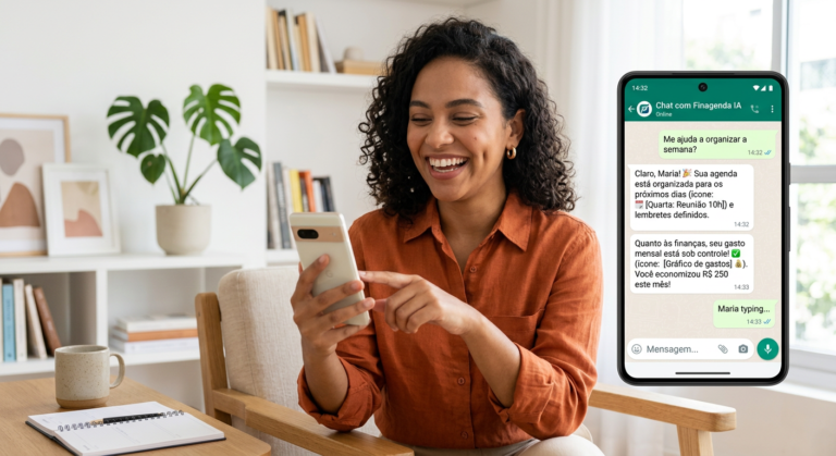 Pessoa usando Meu Assessor no WhatsApp para organizar finanças e agenda com IA.