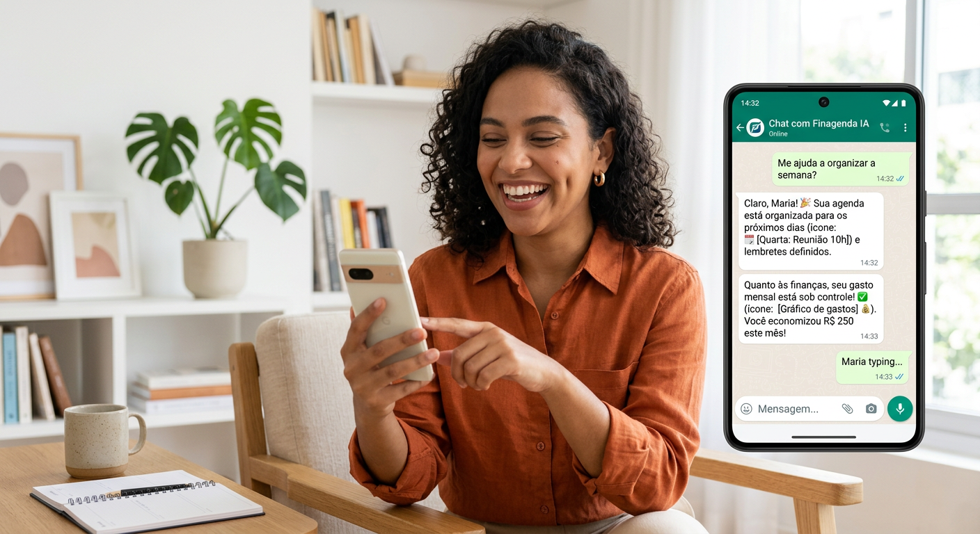 Pessoa usando Meu Assessor no WhatsApp para organizar finanças e agenda com IA.