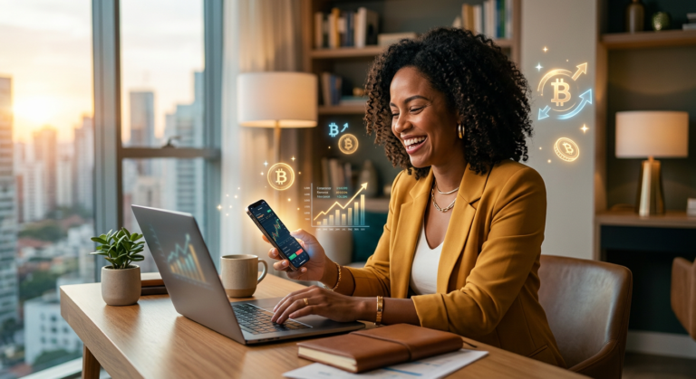 Mulher sorridente e confiante trabalhando em smartphone, simbolizando sucesso financeiro e independência digital com o Método Mulher Milionária.