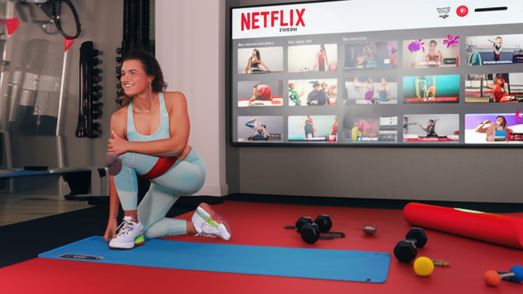 Natasha Villaschi no ambiente Natflix Fitness, com interface de streaming de treinos variados em casa e academia, simbolizando diversão e resultados.