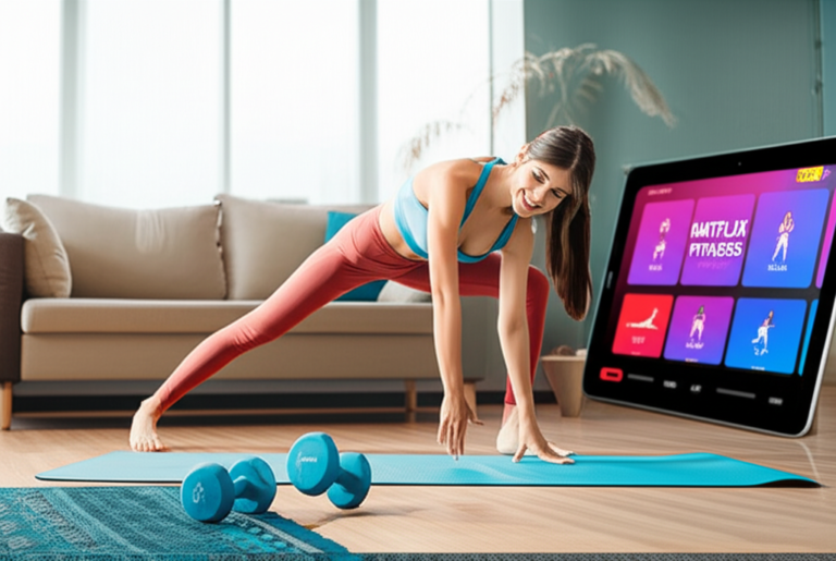Mulher sorridente e em forma praticando fitness em casa com um tablet exibindo o aplicativo Natflix Fitness, que oferece treinos variados.