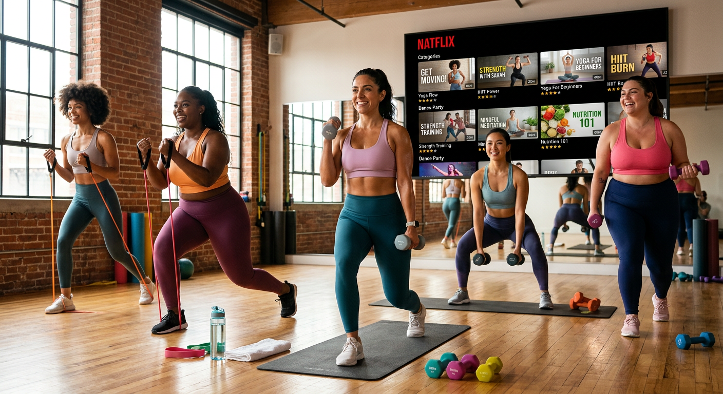 Mulher sorrindo e praticando exercício físico em casa, com a interface do Natflix Fitness exibindo múltiplas opções de treinos (yoga, musculação, dança) ao fundo, representando a variedade e motivação do programa feminino.