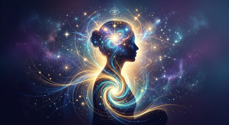 Imagem conceitual de uma cabeça humana abstrata emanando luzes douradas e azuis, simbolizando o despertar da consciência, iluminação e sabedoria interior.
