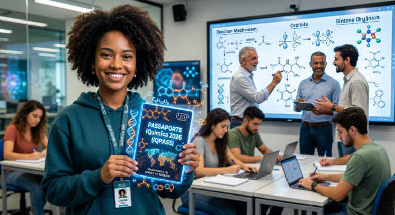 Estudante segura o Passaporte iQuímica 2026 (IQPASS) com símbolos químicos, representando aprovação em Medicina e universidades públicas. Professores da Equipe iQuímica ensinando ao fundo.