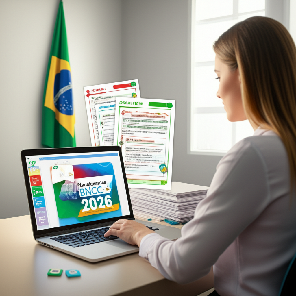 Professor brasileiro visualizando PDF de Planejamentos BNCC 2026 ao lado de ícones de arquivos Word e planilhas impressas.