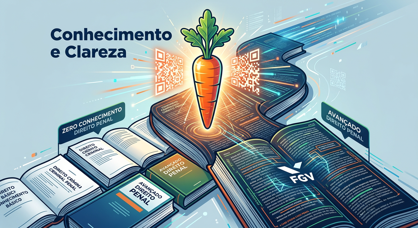 Imagem conceitual da Plataforma Cenoura 2.0, com uma cenoura estilizada simbolizando o aprendizado e domínio de Direito Penal para a banca FGV.