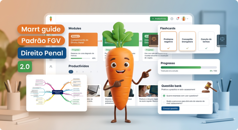 Interface da Plataforma do Cenoura 2.0 com mascote cenoura, flashcards e mapas mentais para Direito Penal FGV.