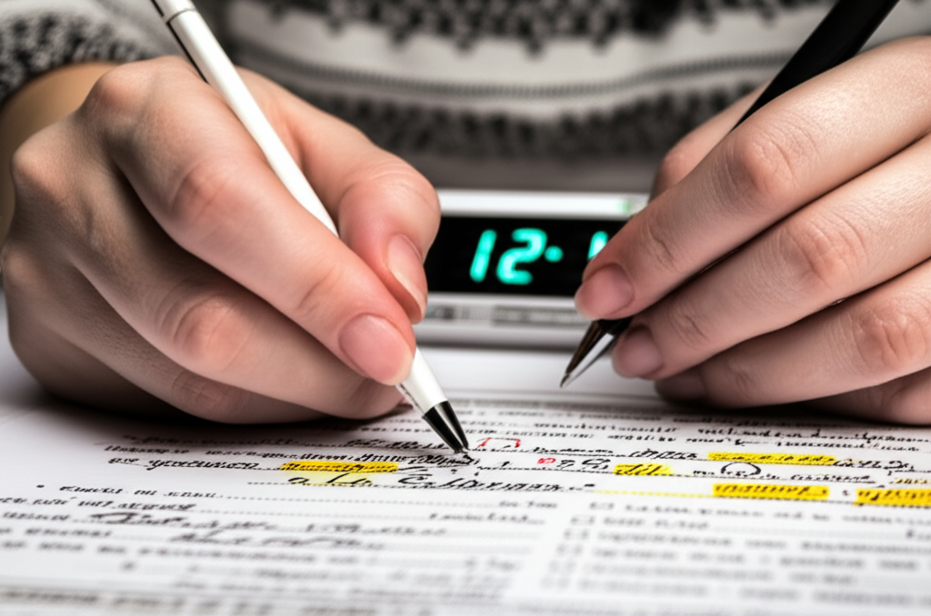 Candidato concentrado escrevendo em folha de prova discursiva SEFAZ CE com foco em temas fiscais e anotações estratégicas.