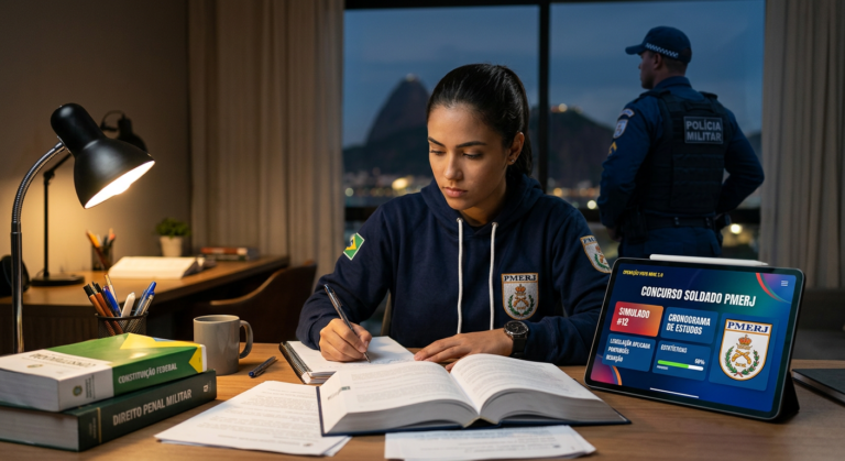 Jovem candidato estudando intensamente para o concurso PMERJ Soldado com materiais físicos e digitais, com o logo 'Operação Papa Mike 2.0' visível e a silhueta de um policial militar da PMERJ ao fundo.