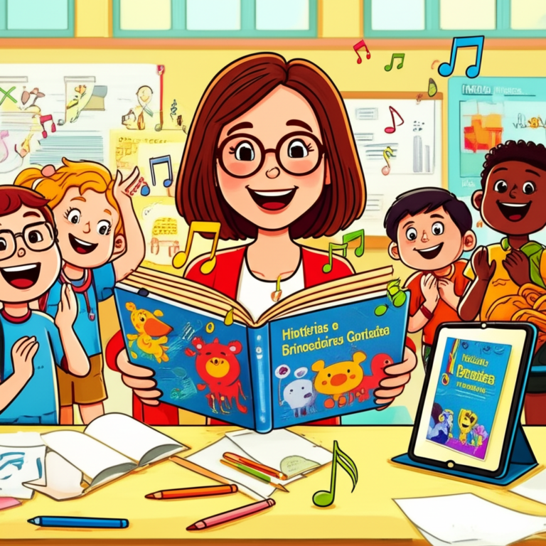 Professora apresentando livro de histórias cantadas para crianças que cantam e brincam em sala de aula, com notas musicais e tablet exibindo o PDF do curso.