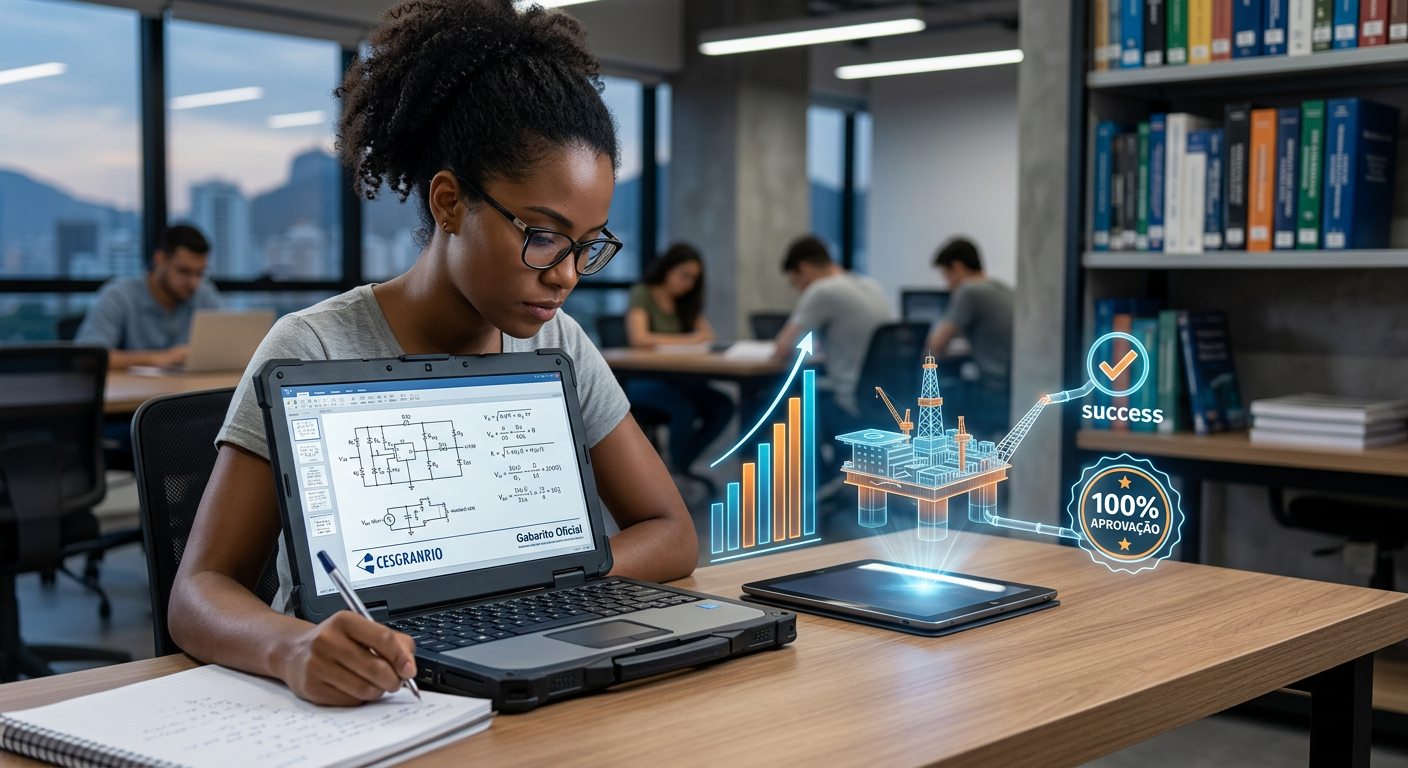 Engenheiro(a) eletricista/eletrônico(a) estudando focado(a) em laptop para concurso Petrobras, com diagramas técnicos e elementos de sucesso ao fundo, incluindo plataforma de petróleo.