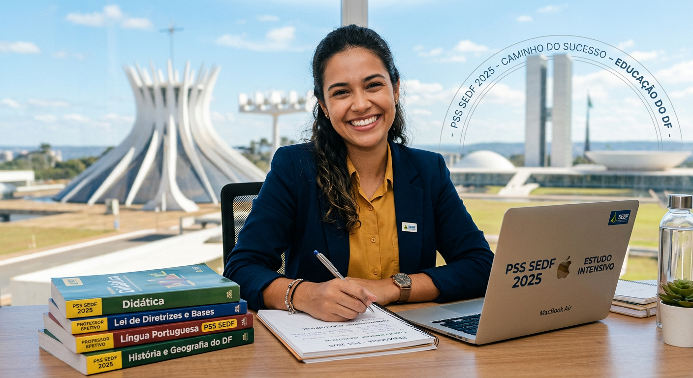 Candidato(a) sorridente e focado(a) estudando para o PSS SEDF 2025, simbolizando a garantia de carências e efetivação.