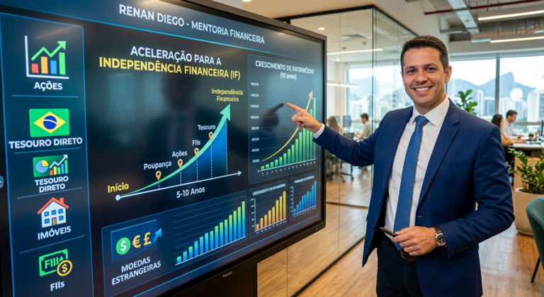Renan Diego, mentor financeiro, apresentando estratégias para aceleração da independência financeira com gráficos de crescimento e símbolos de investimentos diversos.