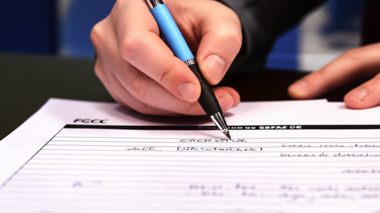 Candidato concentrado escrevendo em folha de prova da SEFAZ CE, com caneta e papéis estruturados, simbolizando preparação discursiva focada na banca FCC para aprovação.