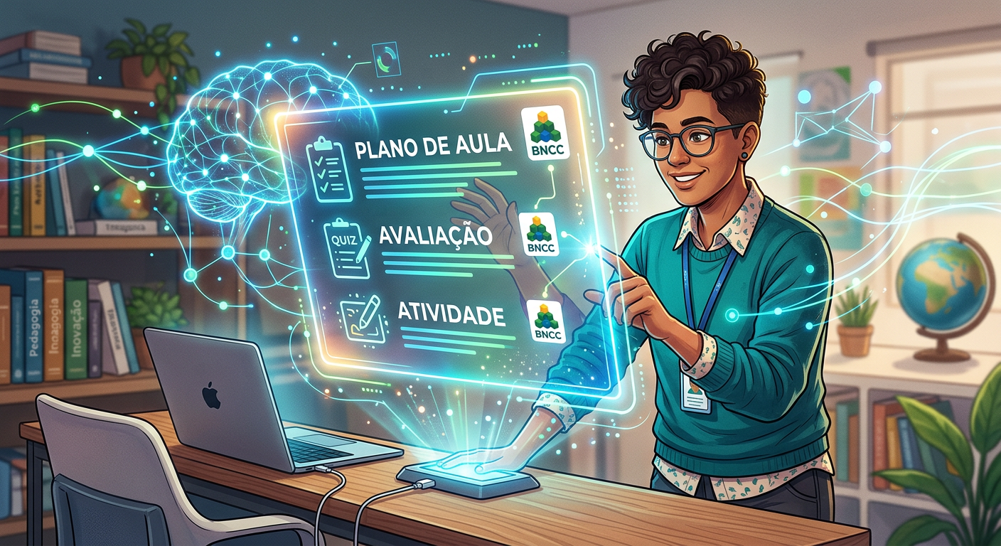 Educador utilizando a plataforma Skooly com inteligência artificial para criar planos de aula e avaliações rapidamente.