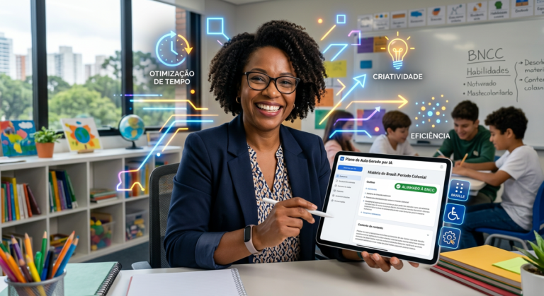 Professor sorridente usando Skooly IA em tablet para criar planos de aula inclusivos e alinhados à BNCC.