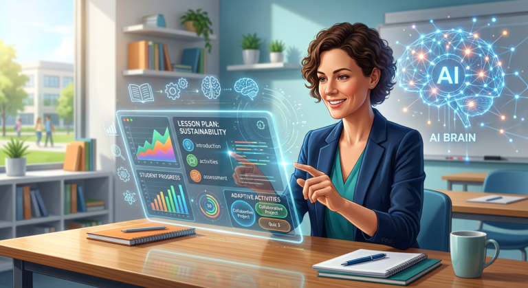 Uma educadora sorridente e focada usando uma plataforma de IA em um tablet futurista para gerar materiais pedagógicos, como planos de aula e atividades, simbolizando as ferramentas Skooly para professores.