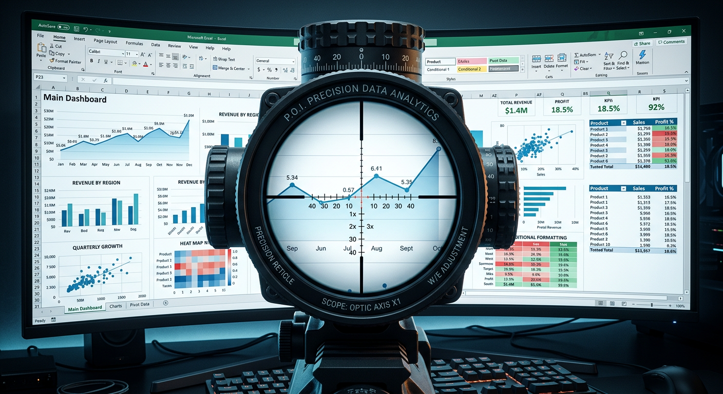 Imagem conceitual de um visor de sniper ou mira de atirador de elite sobreposto a um dashboard profissional do Microsoft Excel, mostrando gráficos dinâmicos e tabelas. Simboliza precisão e maestria na manipulação de dados e criação de relatórios.