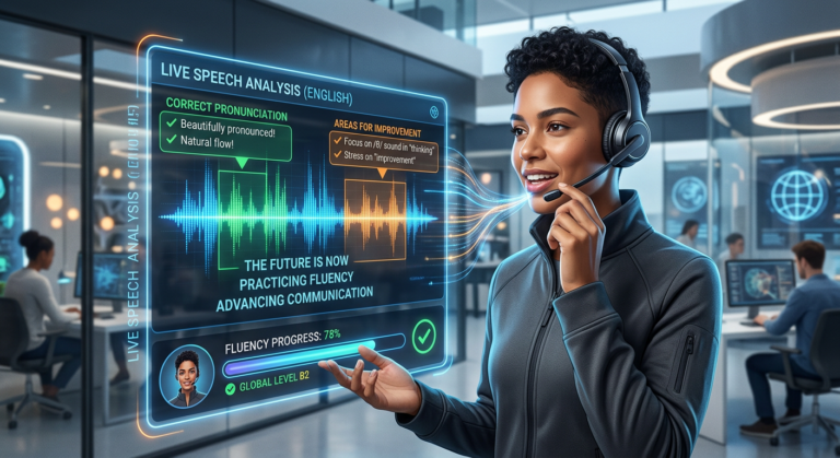 Uma pessoa usando um headset e interagindo com uma interface holográfica de IA que exibe um espectrograma de voz em tempo real, indicando feedback de pronúncia para aprendizado de inglês.