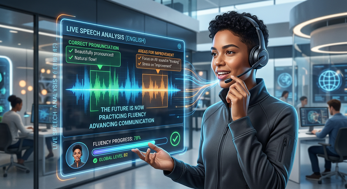 Uma pessoa usando um headset e interagindo com uma interface holográfica de IA que exibe um espectrograma de voz em tempo real, indicando feedback de pronúncia para aprendizado de inglês.