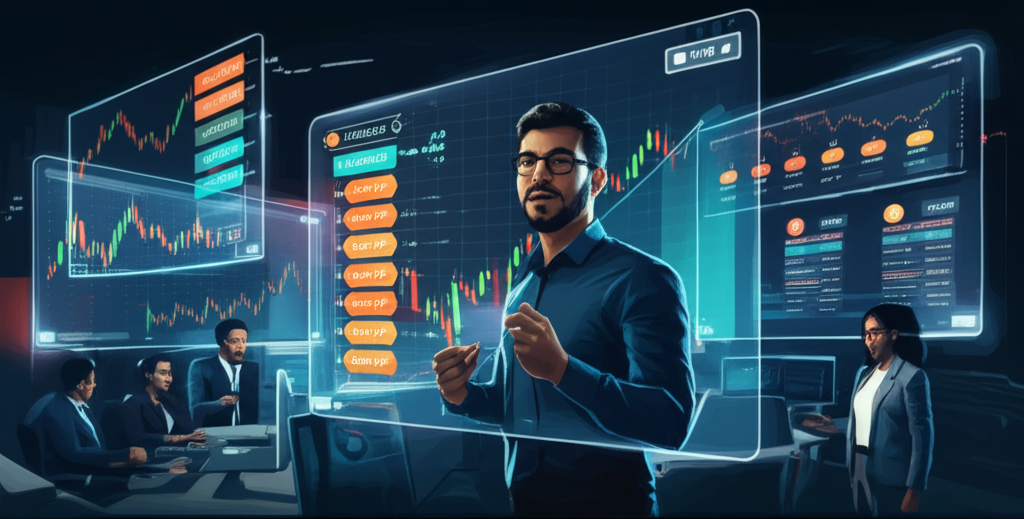 Grupo de traders engajados em uma comunidade online do TakerZ PRO, com gráficos de Forex e Cripto e um mentor orientando.