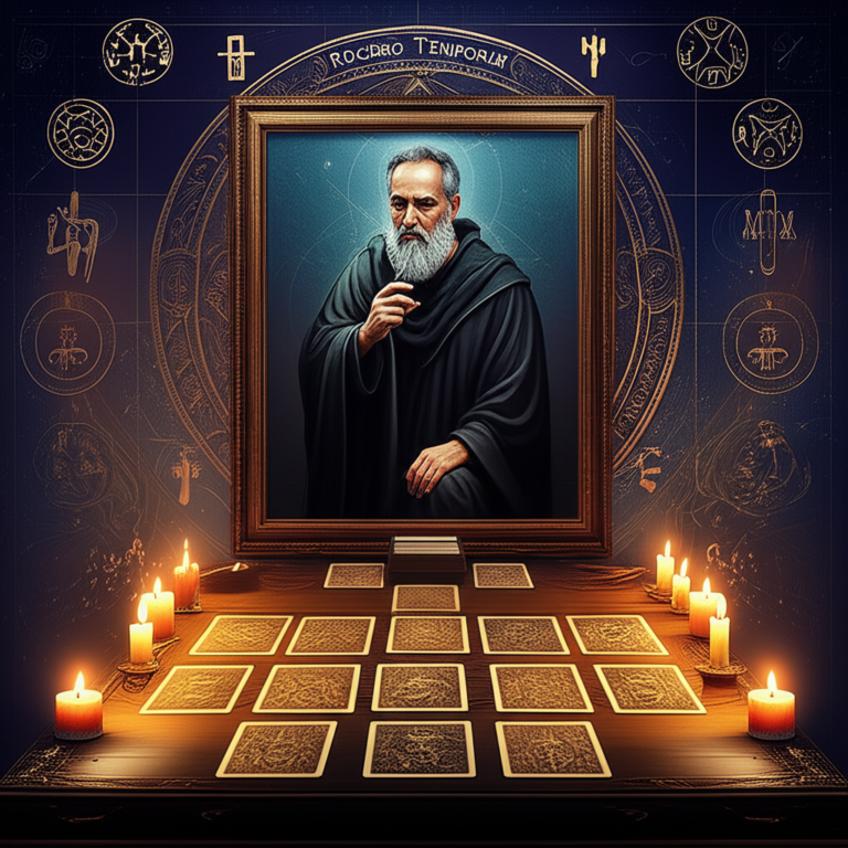 Estudo esotérico com cartas de tarot espalhadas, vela acesa, retrato de Rogério Temporim e símbolos herméticos ao fundo.