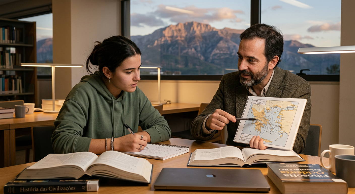 Estudante focado em aula particular intensiva de Humanas com professor, livros, material Terra Negra e montanhas ao fundo, simbolizando Monte Olimpo e alta performance para ENEM e Medicina.