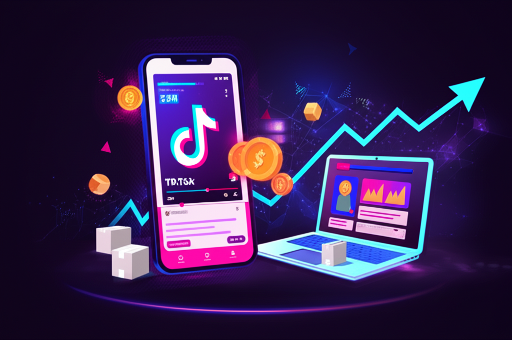 Tela de celular com vídeo viral do TikTok, gráficos de vendas em alta e ícones de dropshipping e e-commerce, simbolizando o método TokShop BR e a estratégia de tráfego de interrupção para lucro rápido.