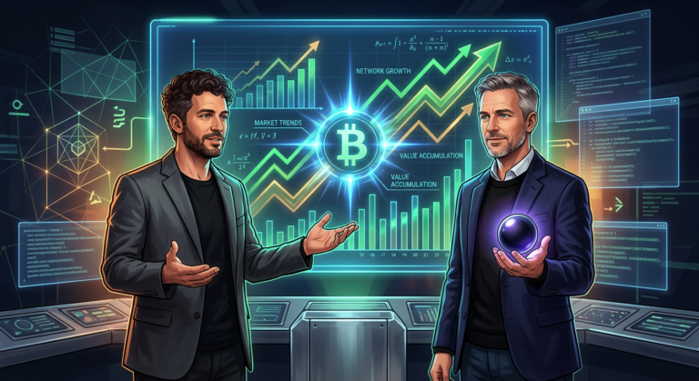 Ilustração digital de Renato Amoedo e Alan Schramm apresentando o Treinamento Bitcoin Black Pill, com gráficos de Bitcoin e o conceito de 'black pill' de conhecimento financeiro.