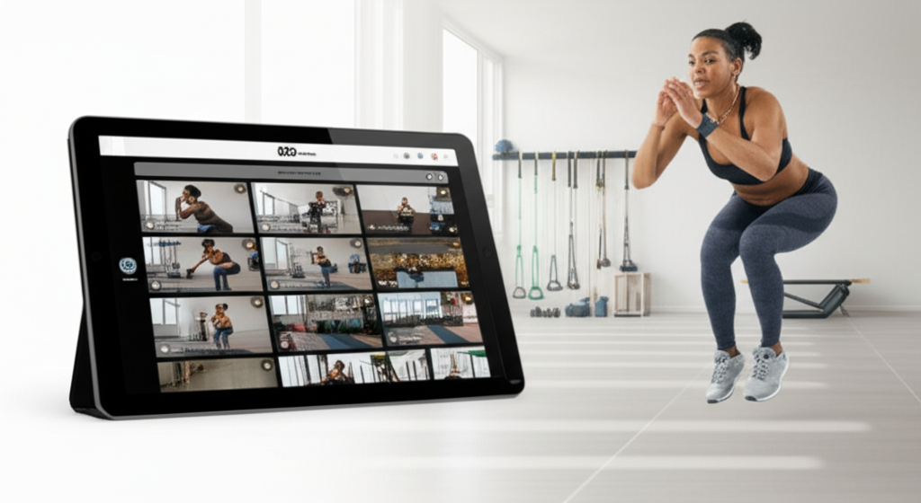 Pessoa realizando exercício funcional com tablet exibindo uma grade de mais de 500 vídeos de treino, simbolizando acesso digital a vasta biblioteca.
