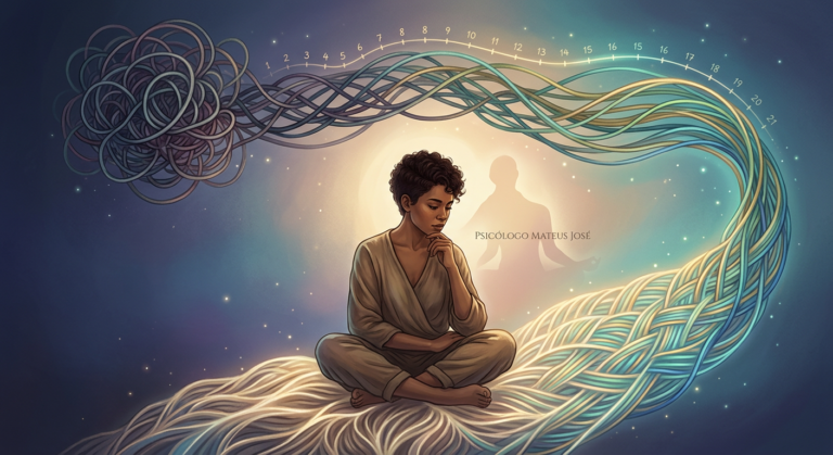 Pessoa em introspecção, desvendando padrões emocionais complexos, com fios de apego se reorganizando e fortalecendo ao longo de 21 dias, sob orientação.