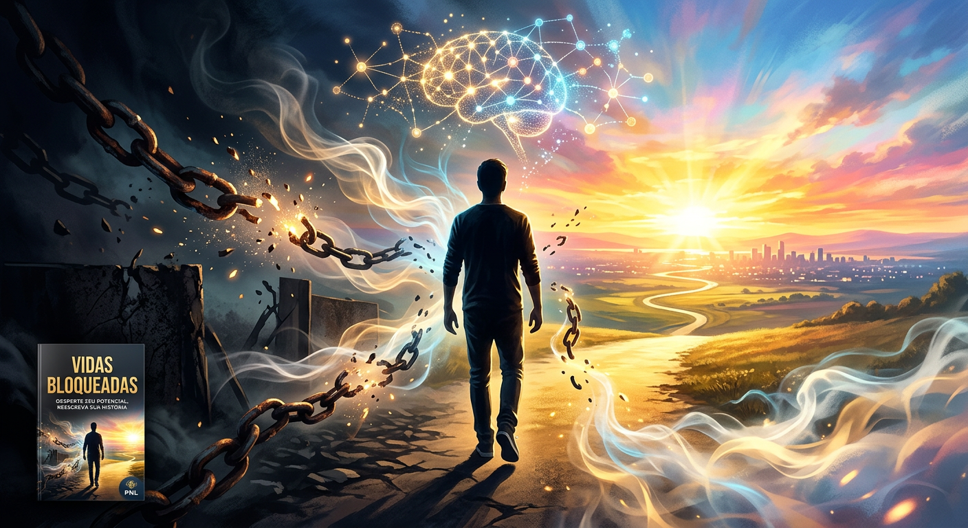Imagem conceitual de uma pessoa quebrando correntes e caminhando em direção a um caminho iluminado, simbolizando a superação de bloqueios e a libertação do potencial. Representa o e-book 'Vidas Bloqueadas' de Ivan Maia.