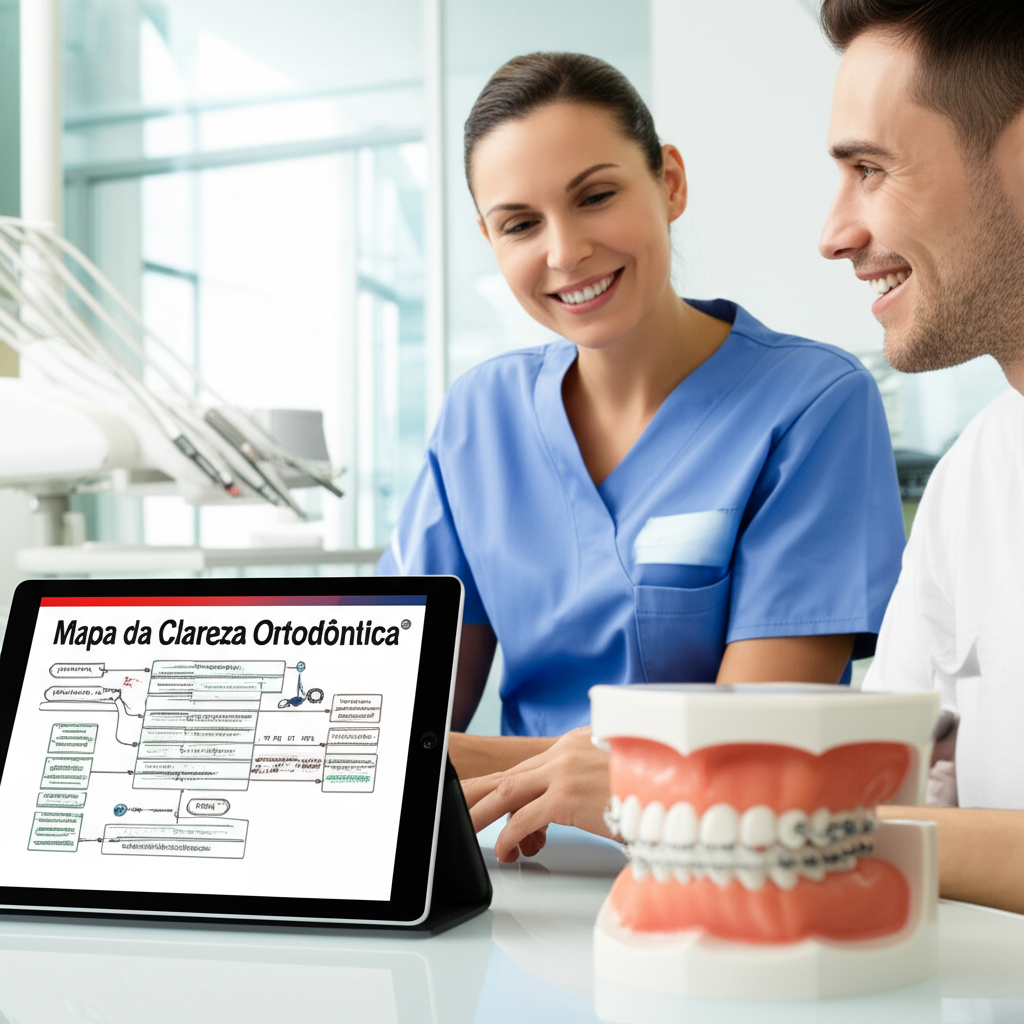 Dentista confiante e paciente sorrindo, com tablet mostrando plano ortodôntico e modelo de arcada dentária, representando o curso Viver de Orto.