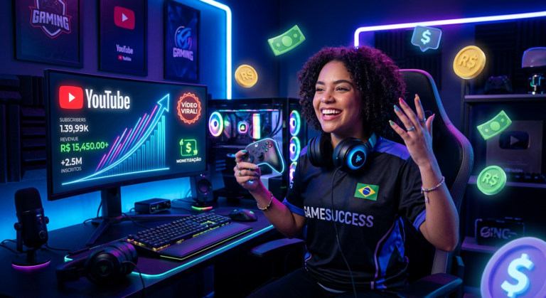 Jovem gamer de sucesso celebrando em frente ao seu setup, com gráficos de crescimento do YouTube e símbolos de dinheiro na tela.