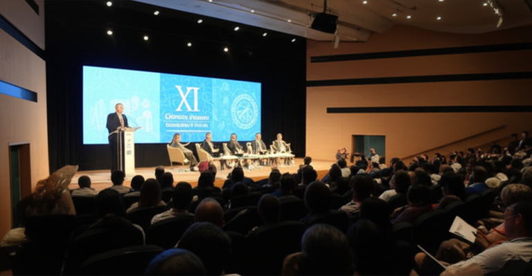Auditório lotado com participantes atentos a um palestrante no palco, durante o XI Congresso Brasileiro de Direito Penal. O telão ao fundo exibe o título do evento e símbolos jurídicos.