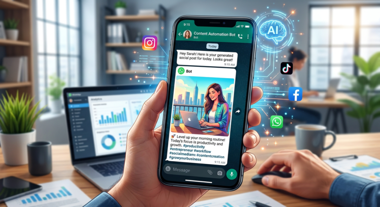 Smartphone com WhatsApp exibindo posts diários para redes sociais, simbolizando criação de conteúdo por IA.