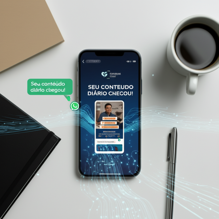 Smartphone exibindo um post pronto para redes sociais e notificação do WhatsApp, com elementos de escritório em fundo clean.