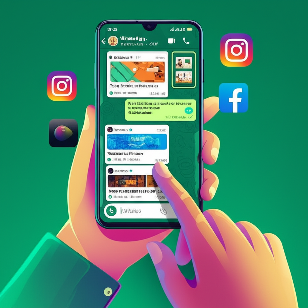 Smartphone com tela do WhatsApp exibindo mensagens do ZapPost com posts diários, legendas e roteiros de vídeo prontos para redes sociais.
